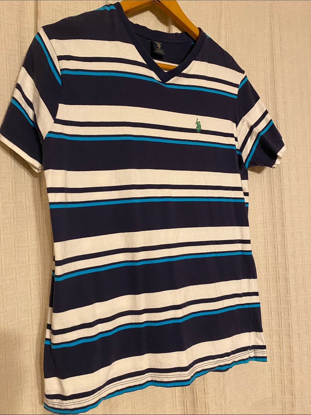 U.S. Polo Striped V-Neck Short Sleeve Shirt in Navy, White & Teal-Men’s Size Med